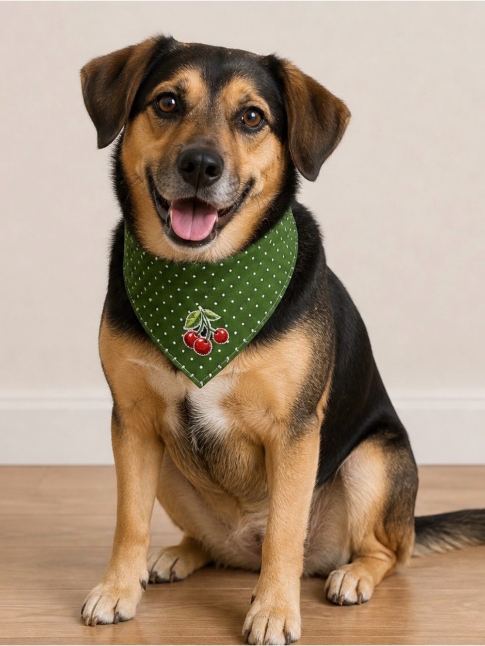 Handmade reversible Green Polka Dot Cherry Dog scarf- Stylish Pet Accessory  Med